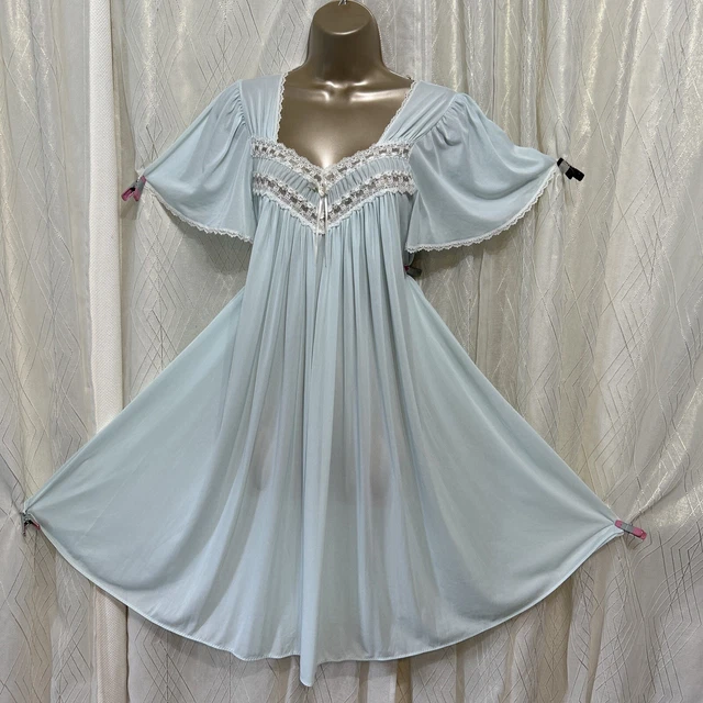 VTG L Nightgown babydoll Floral Lace Mint Miss Elaine Full sweep Soft Negligee