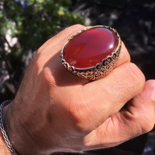 Carnelian Mens Ring 925 Sterling Silver Aqeeq Extraordinary Statement Jewelry