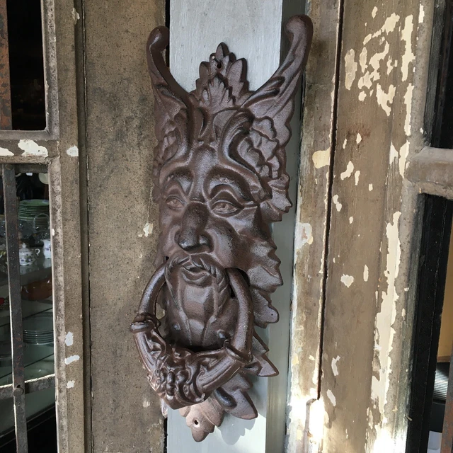 Large 20” Gothic Door Knocker Cast Iron Brown Leaf Man Celtic Metal Medieval
