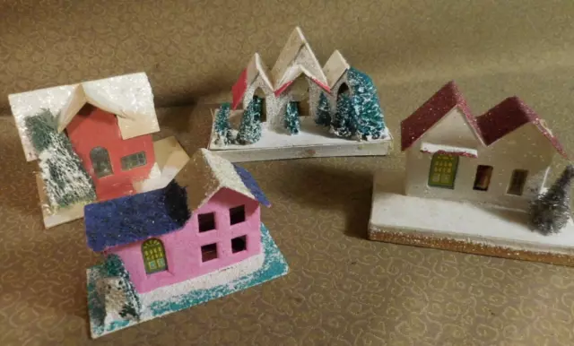 4 Vintage Christmas Village Cardboard Glitter Mica Houses Japan USA