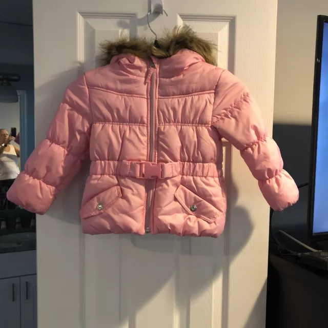 ROTHSCHILD Girls Hooded Belted Puffer Jacket Toddler Sz 2T Faux-Fur-Trim PINK