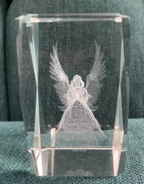 Holographic Angel 3D Laser Etched Crystal Glass Cubed Paperweight 3" x 2" x 2"