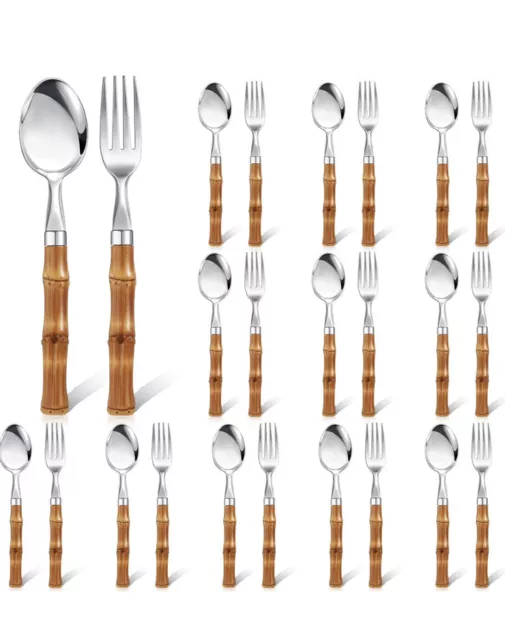 Bamboo Handle Silverware Set 24 Pcs Set for 6 Stainless Steel Flatware Set