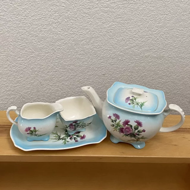 Vintage Royal Winton Grimwades England Blue Thistle Teapot Sugar Creamer TraySet 2