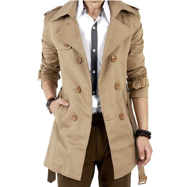 Men's Winter Slim Double Breasted Trench Coat Long Jacket Overcoat Outwear Brown