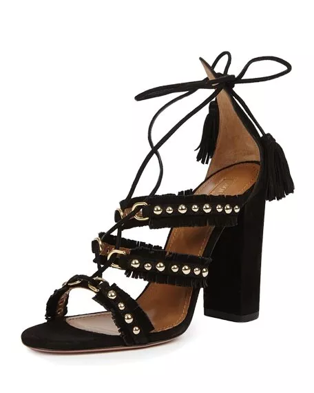 Aquazzura Tulum Fringed Suede Sandal, Black & Gold IT size 40