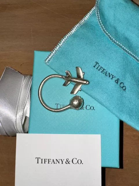 Tiffany & Co .925 Sterling Silver Plane Globe Keychain Key Ring w/Pouch & Box