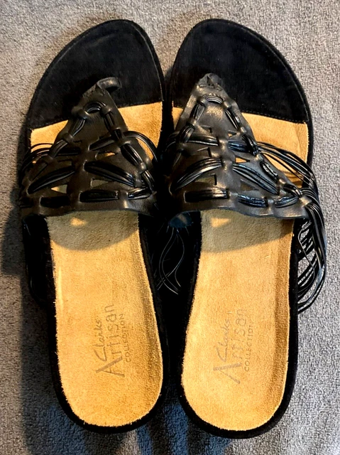 Clarks Artisan Sandals Womens 11 M Casual Slip-on Thong Black Leather Low Wedge