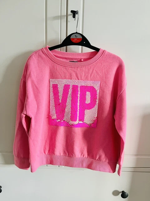 NEXT Girls ‘VIP’ Pink Reversible Sequin Sweatshirt Top Age Size 7 Years