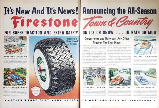 PRINT AD 1952 Firestone Town Country All Season Tires 2 pg Old Cars