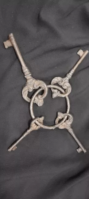 Antique Primitive Large Wrought Iron Skeleton Keys on Large Ring - Set of 4