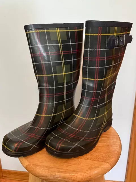 Nice Women's Green Yellow Red Black Plaid 12" Rain Boots Women's Size 8