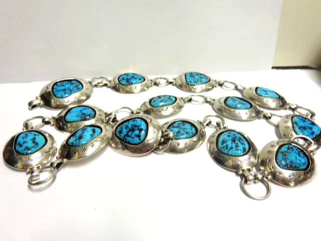 vintage hd mde sterling turquoise Concho belt sz 38in lg wgt 200 grams signed TG