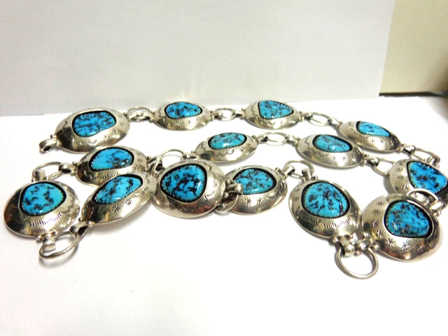 vintage hd mde sterling turquoise Concho belt sz 38in lg wgt 200 grams signed TG vintage hd mde sterling turquoise Concho belt sz 38in lg wgt 200 grams signed TG