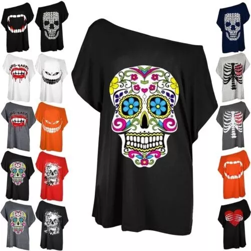 Donna Halloween Teschio di Zucchero Costume Horror Oversize Largo T-Shirt