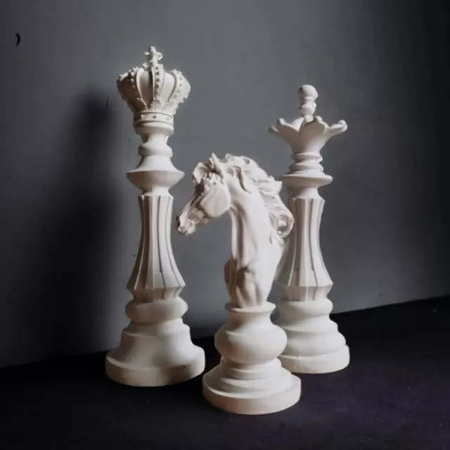 Large Chess Set Statue Sculpture White Modern Home Decor King Queen Knight