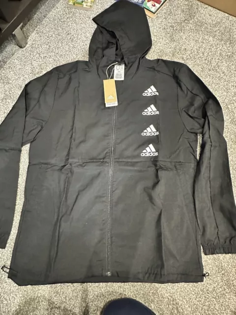 adidas Windbreaker jacket Hooded Mens Small black Coat Lightweight Running