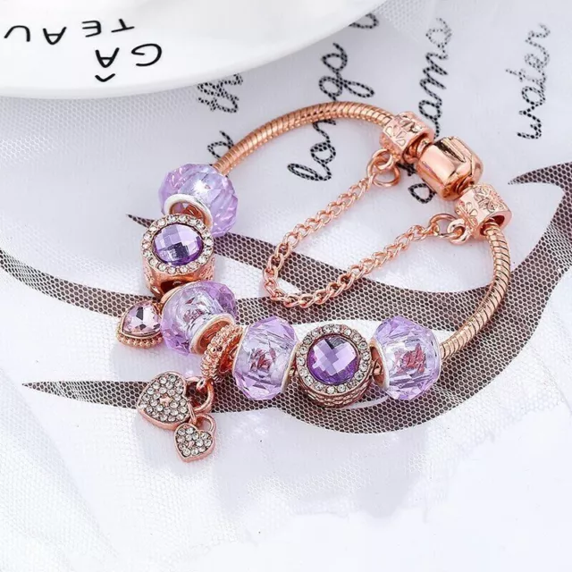 18K Rose Gold Plated Pink Crystal Heart Charm Bracelet Made With Crystal