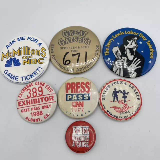 VTG Lot Of 7 Buttons 70s 80s 90s CNN NBC Jerry Lewis Polka Button Pinback