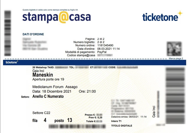 2 biglietti concerto MANESKIN, 4/04/2023 Mediolanum Forum Assago (MI) 2