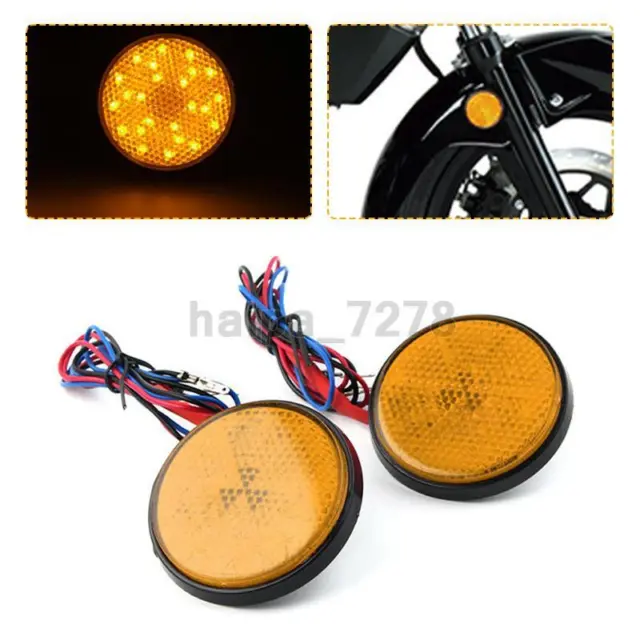 2X Amber LED Motorcycle Reflector Rear Tail Brake Turn Signal Light Marker Round