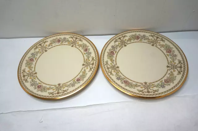 LENOX CHINA CASTLE GARDEN DINNER PLATES SET 2 GOLD TRIM 10.5 in RETIRED NICE