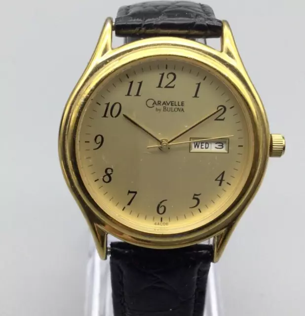 Bulova Caravelle Watch Men Gold Tone Date Leather Band 44C06 New Battery 2005