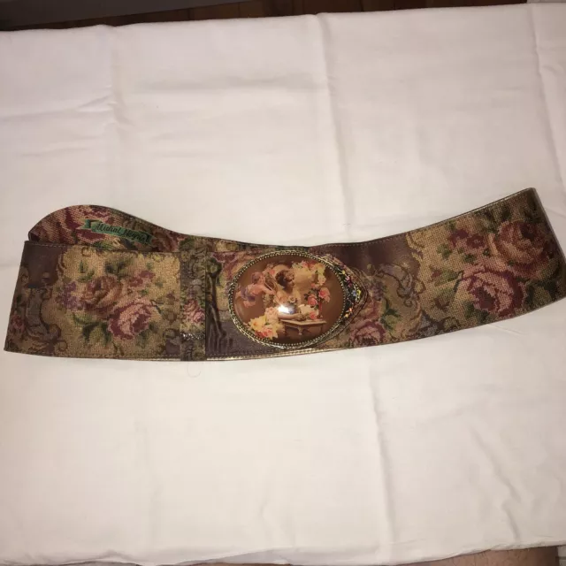 Michal Negrin Floral Fabric Corset Waist Belt Buckle Victorian Oval Cameo Lady