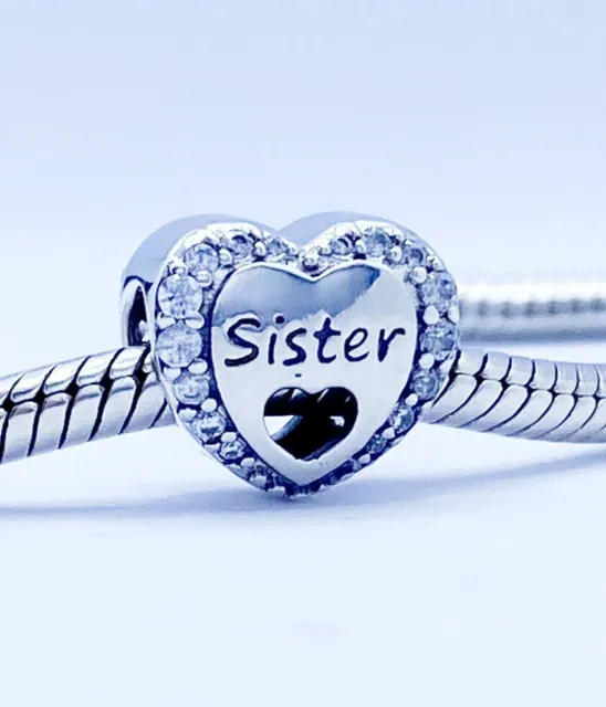 Sister Love Heart Cubic Zircons Bead Charm - 925 Sterling Silver