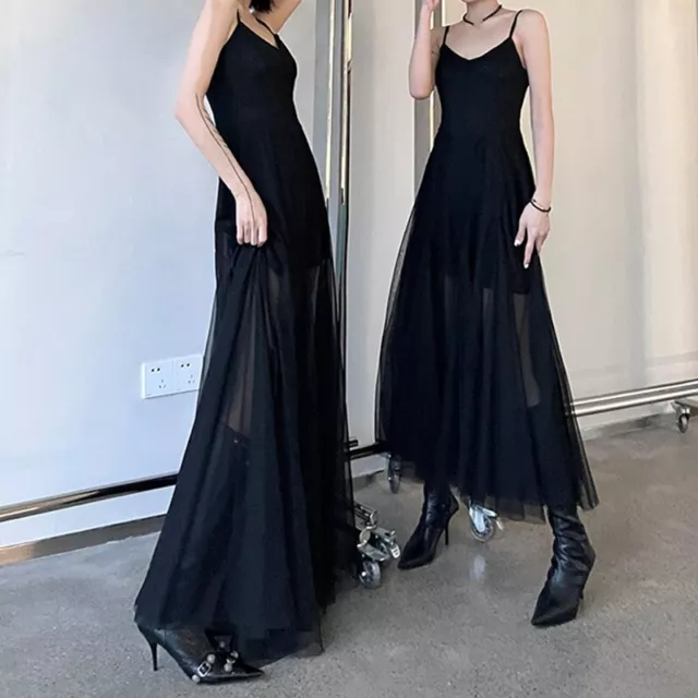 Womens Black V Neck Long Camisole Slip Dress Slim Fit Elegant Party Gown Sexy