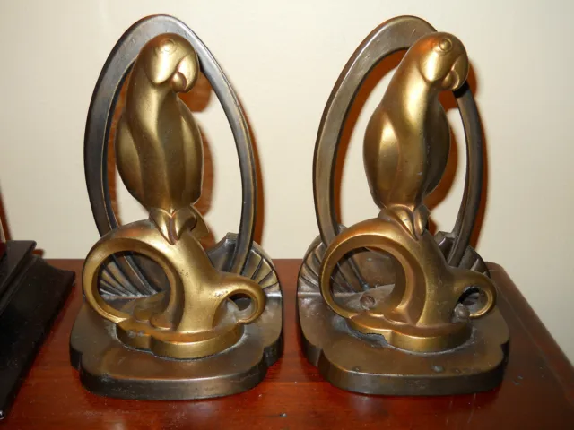 Antique Signed Frankart Art Deco Gold Birds Parrots Bookends Machine Age