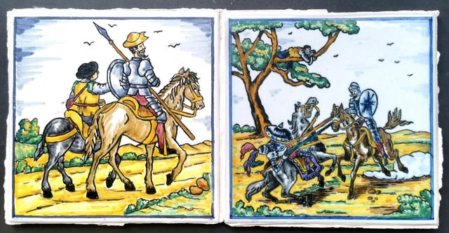 2 Vintage 1900-1920s Don Quixote Hand Painted Ceramic Tiles