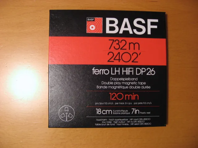 1x BASF Doppelspiel- Tonband DP26 ferro LH HiFi 18cm Plexiglas-Spule, Neu in OVP