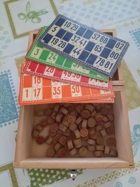 Jeu De Loto Vintage En Bois - Ancien Jeu De Société Complet (boîte, Pions, Cartes) - Occasion Rétro