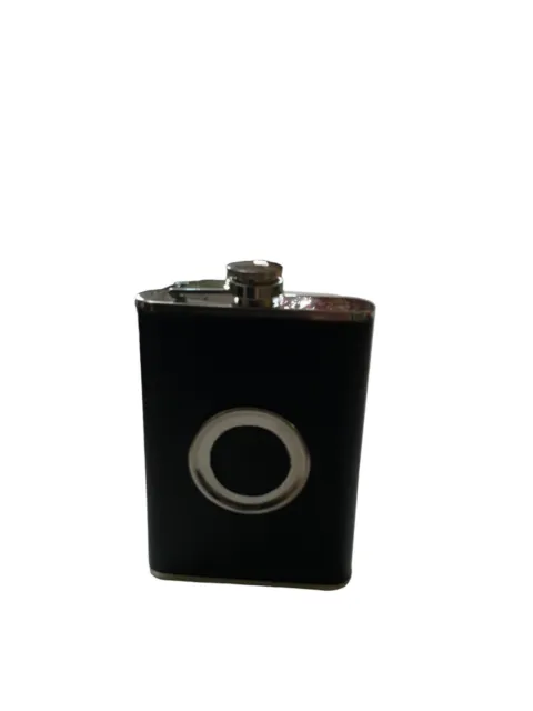 Vintage Flask Stainless Steel With Black Leather Over Lay hip/pocket 7 0z