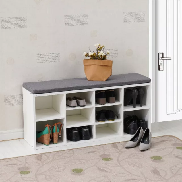 White Shoe Storage Bench Cabinet Ottoman Padded Seat Organizer Shelves Adjusting 3