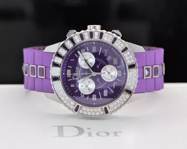 $7,400 Christian Dior Steel Diamond Bezel 38mm Quartz Purple Dial Watch CD11431J