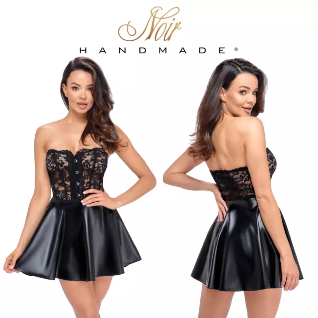 Noir Sexy Vestito Nero con Top in Pizzo Trasparente e Gonna Svasata Lucida Opaca