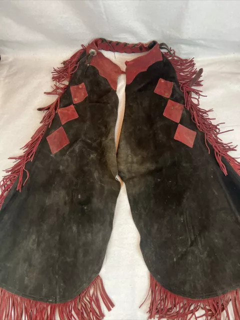 VINTAGE WESTERN COWBOY Leather Chaps Fringe Black Red $125.00 - PicClick