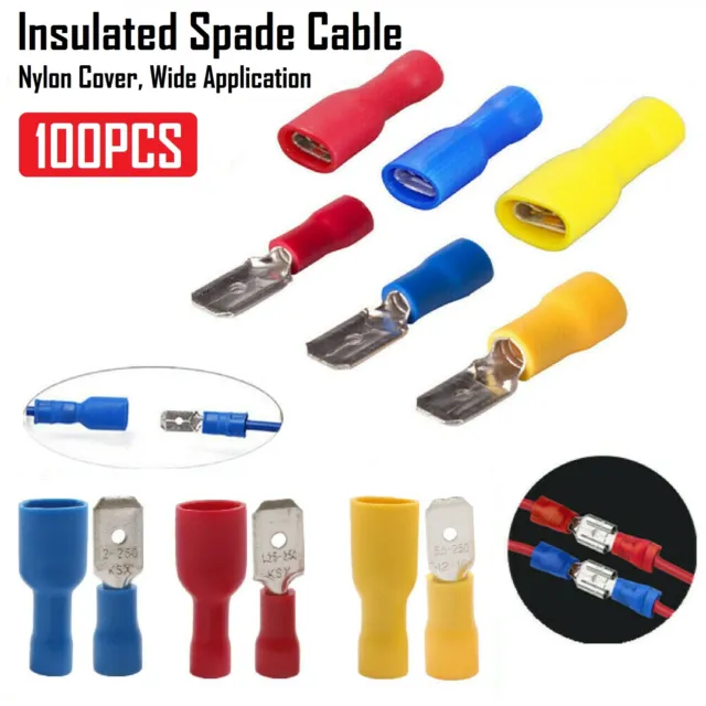 100pcs Insulated Spade Crimp Terminal Kit Cable Electrical Wire Splice Connector