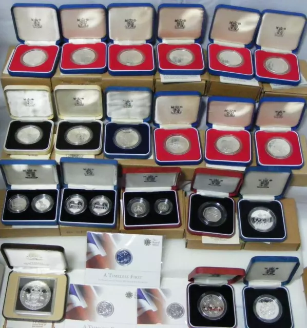 Large Collection of Solid Silver Proof Commemorative Royal Mint Coins,Crowns etc