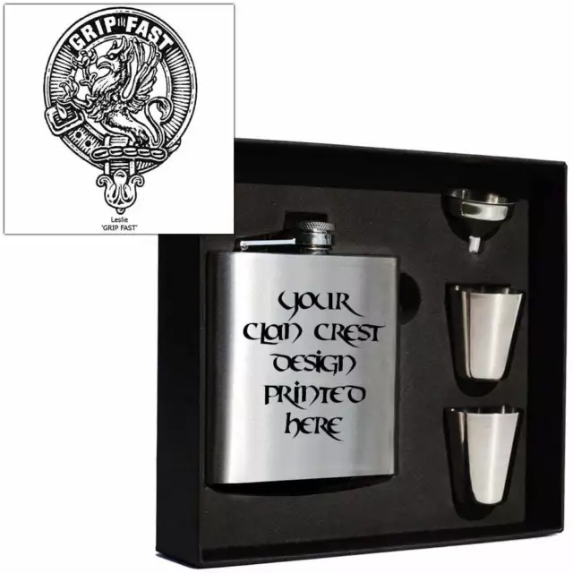 Art Pewter Leslie Clan Crest 6oz Hip Flask Box Set (s) HF6 S-C41 Scottish