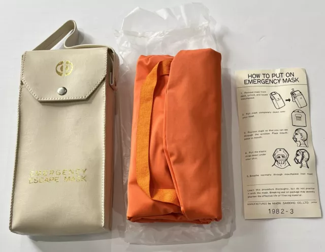 Vintage 1980’s Orange Emergency Escape Smoke Mask W/Leather Carry Case Japan