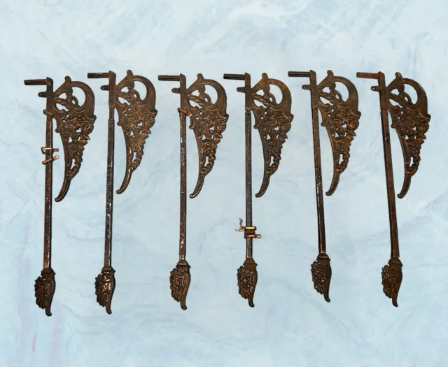 Lot of 6 antique ornate Curtain Rods Cast iron Swing Arm roses extendable