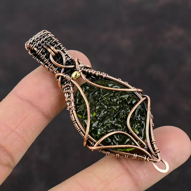 Moldavite Gemstone Wire Wrapped Pendant Handcrafted Copper Unique Jewelry 2.83"