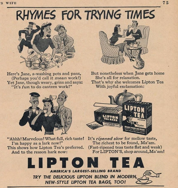 Magazine Ad - 1943 - Lipton Tea - World War 2 - Rhymes - (#3)