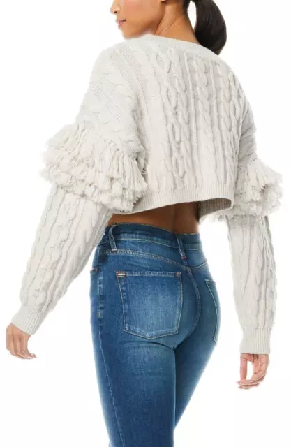 Alice + Olivia 289320 Kala Cable Fringe Crop Sweater in Light Almond  Size Large 2