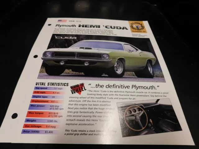 1970 Plymouth Hemi Cuda Spec Sheet Brochure Photo Poster