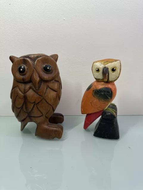 lot de 2 statuettes hibou 🦉 chouette en bois sculpté vintage Déco