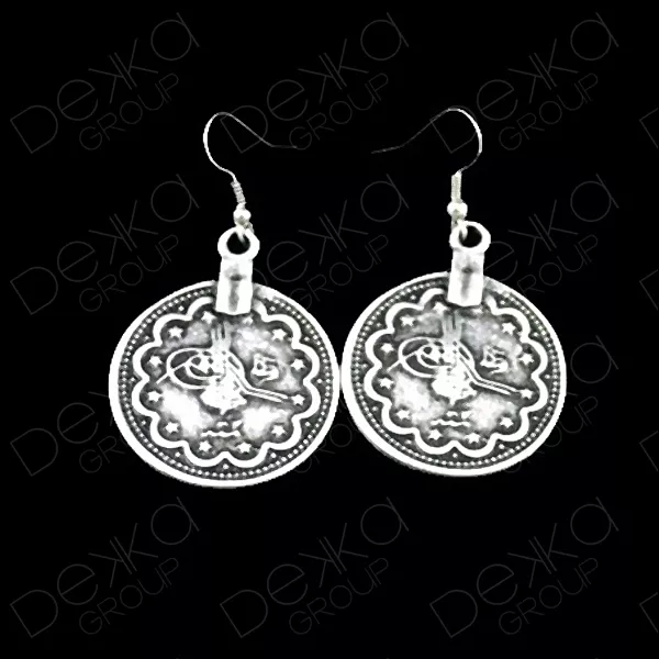 Silver Disc Circle Coin Drop Earrings Ottoman Turkish Ethnic Tribal Gypsy Boho